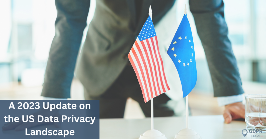 man standing, us and eu flags on desk, data privacy